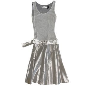 Charles Nolan New York Dress | Sleeveless Midi | Silver | Sz 4 | side zip Pocket